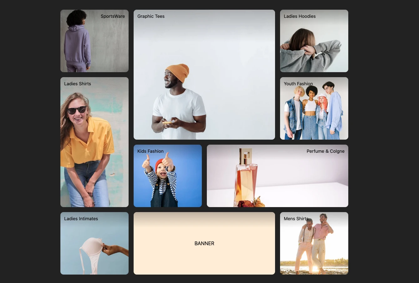 Bento grid using grid areas for responsive postitioning.