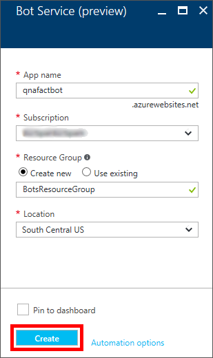 Configuring a new Azure Bot Service