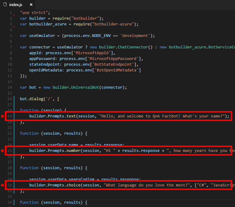 Adding breakpoints to index.js