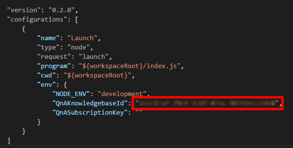 Updating "QnAKnowledgebaseId" in launch.json