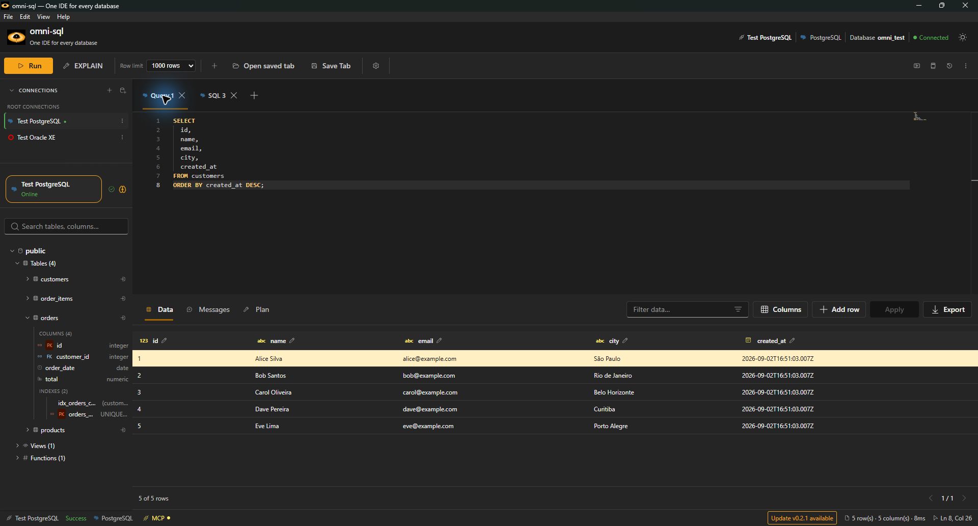 omni-sql showing a PostgreSQL query, schema metadata, and query results