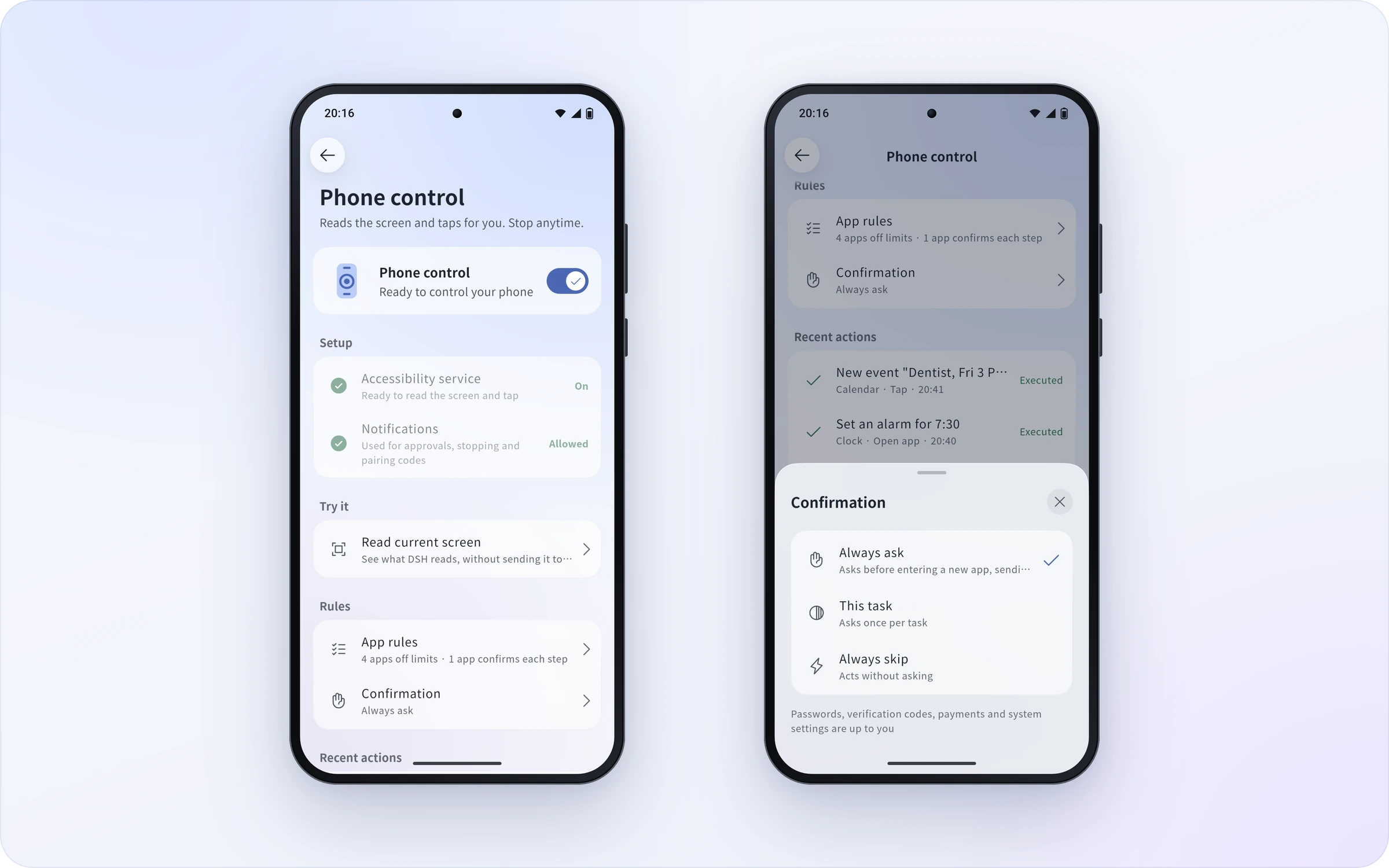 Phone control and its confirmation modes