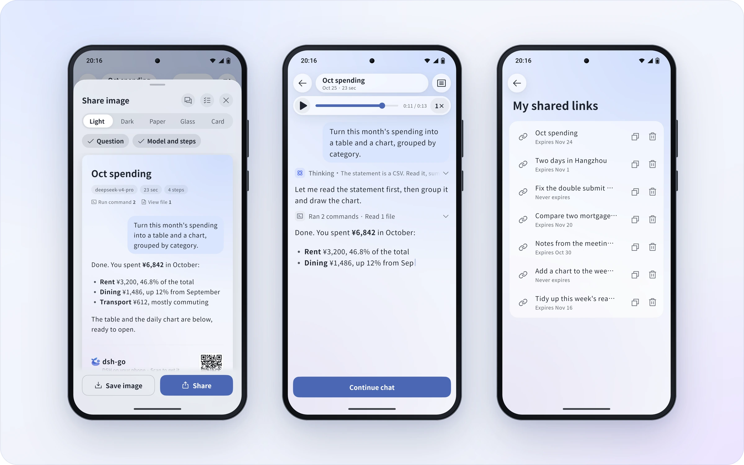 A share card, a chat replay and the list of shared links