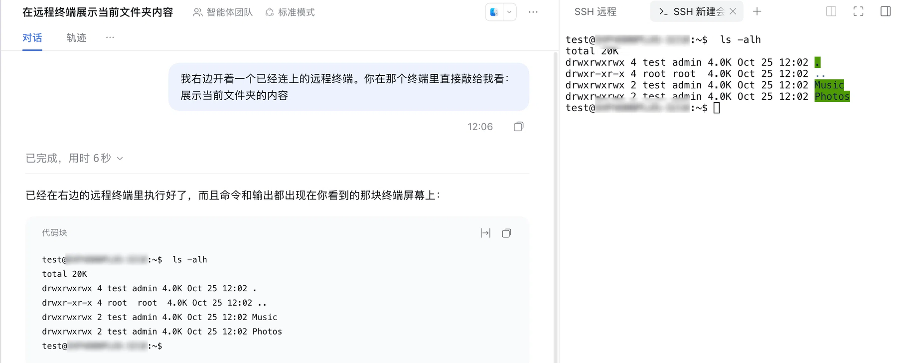 agent 在同一个远端终端里执行命令;示例主机名已打码