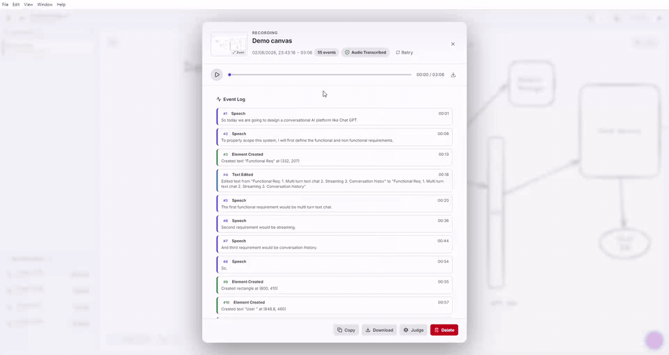 Recording review with audio synced to event timeline