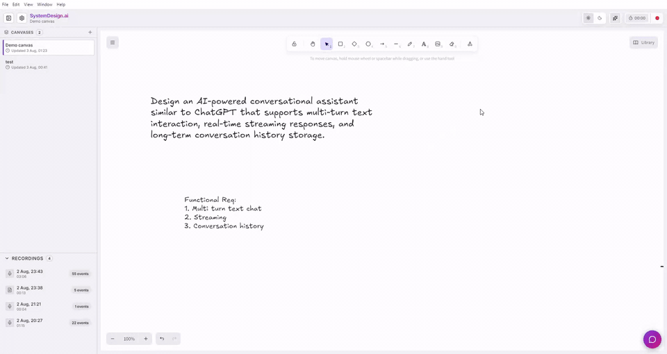 Recording toolbar with timer and pause controls