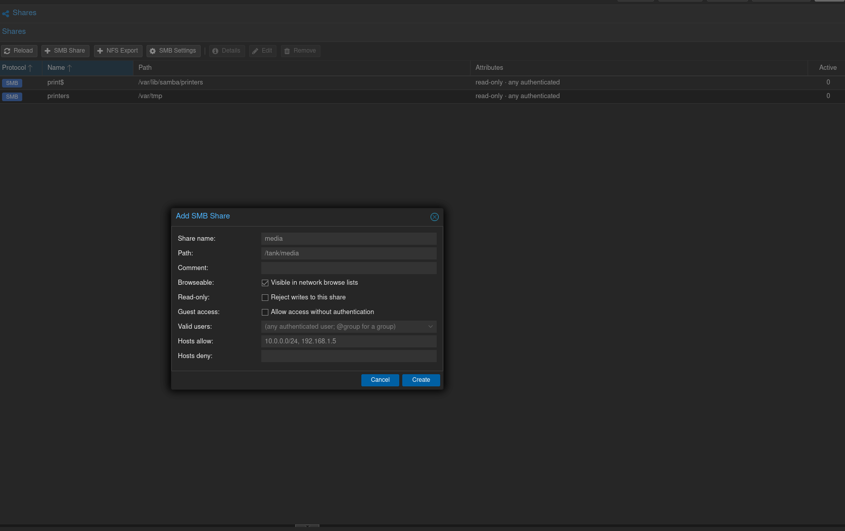Creating an SMB share with per-share access control in ANAS