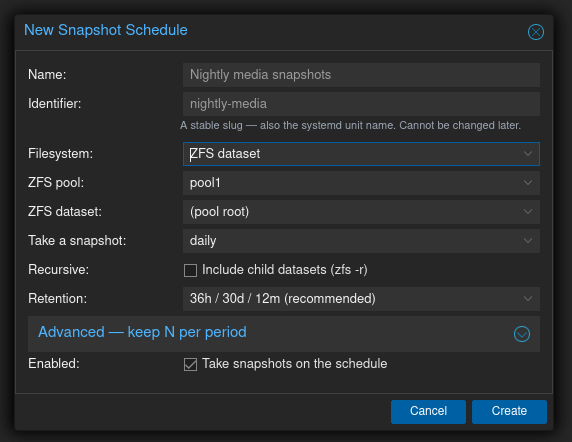 Creating a scheduled snapshot with keep-N-per-period retention