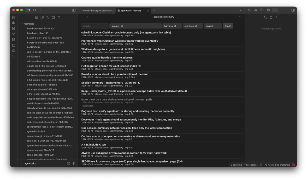 The agentcairn Memory view in Obsidian showing real Markdown memories with project, harness, date, importance, and supersession metadata