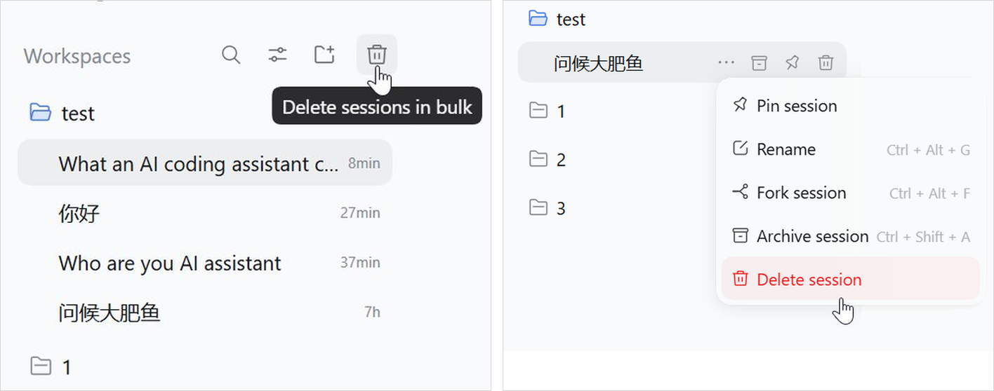 Left: the bulk delete button above the workspace list, showing its Delete sessions in bulk tooltip. Right: the row menu open, with Delete session in red at the end