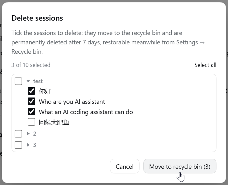 The bulk delete picker: three of ten sessions ticked, with Move to recycle bin (3) at the bottom right