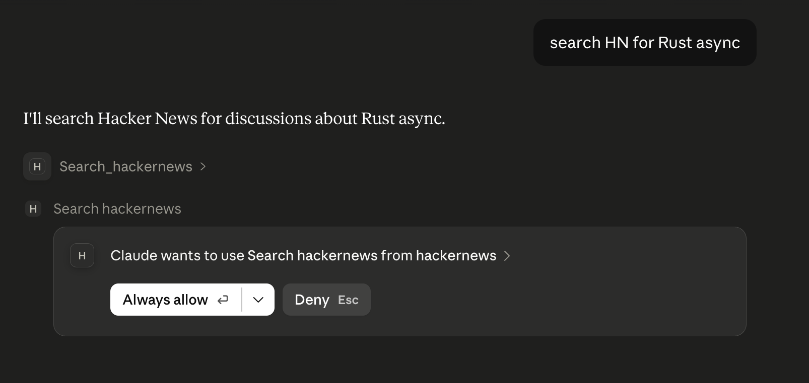 Claude Desktop prompting to allow the “Search hackernews” tool