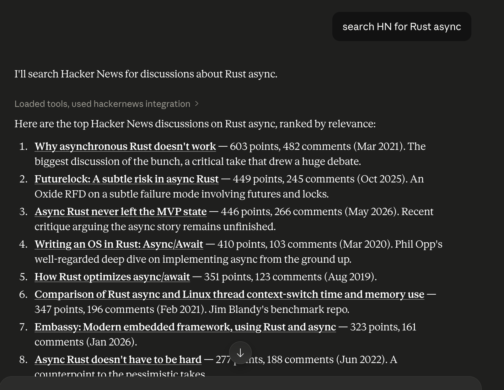 Claude answering “search HN for Rust async” with a ranked list of Hacker News results