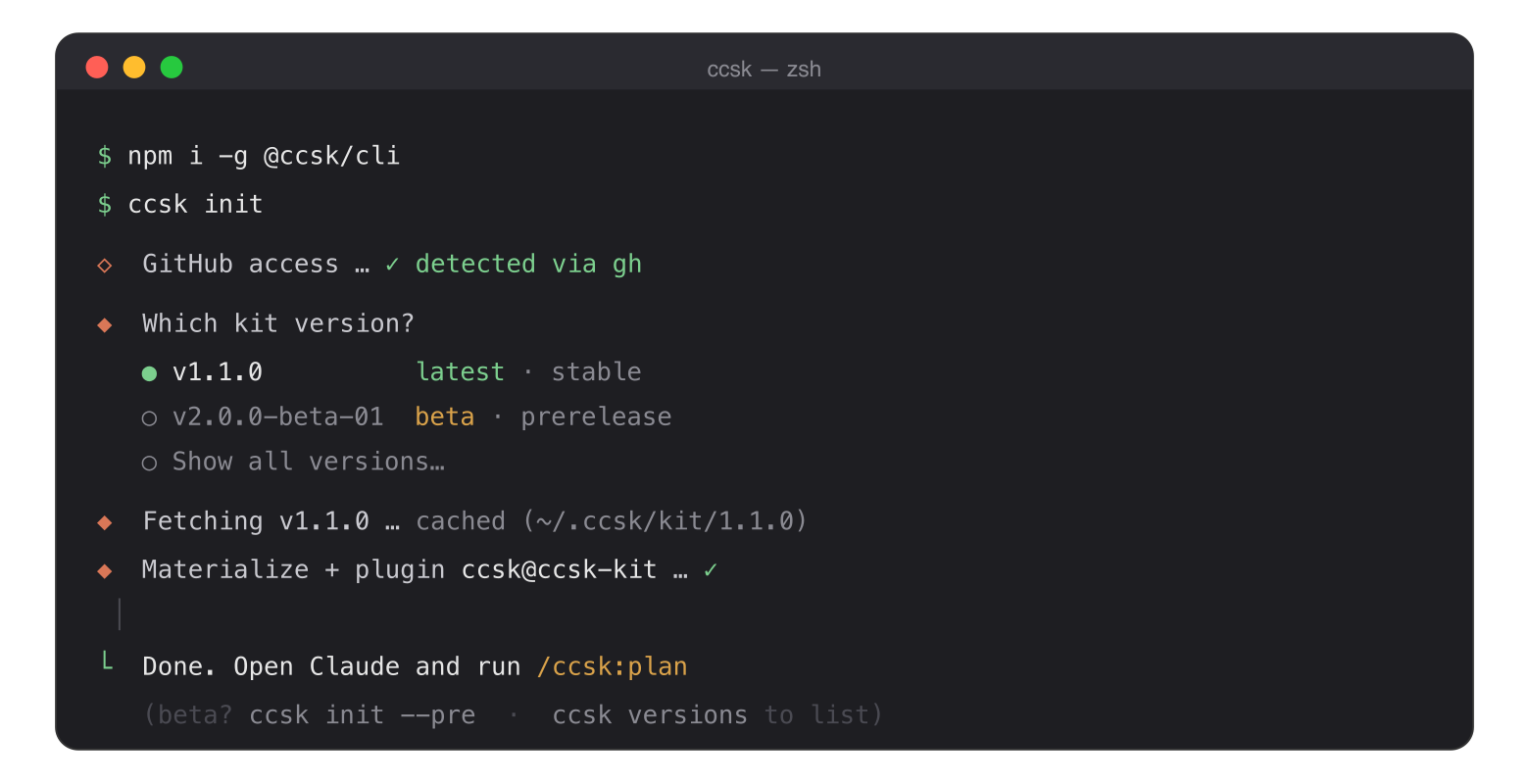 ccsk init terminal walkthrough with the version picker