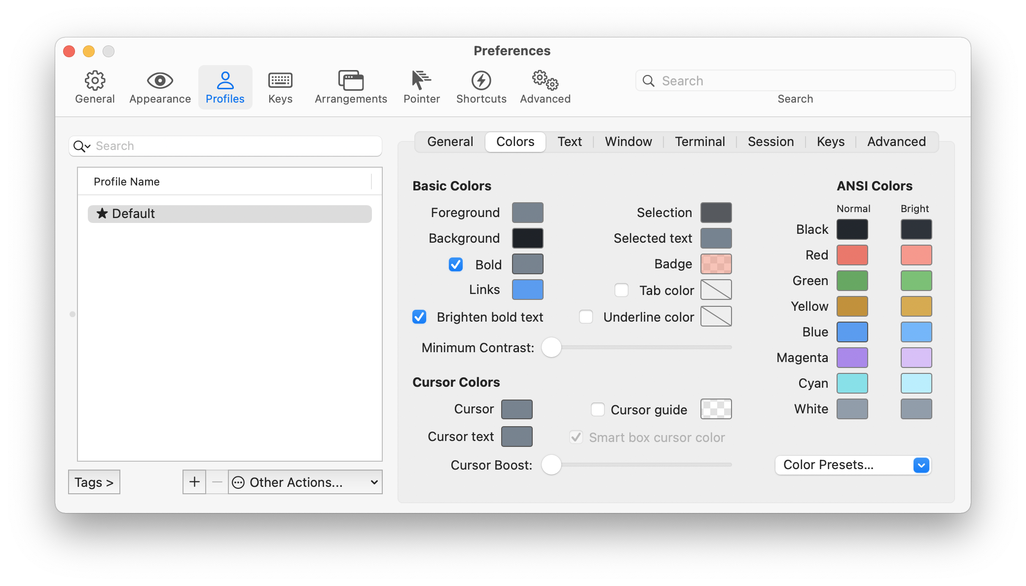 iTerm Profiles Colors Pane