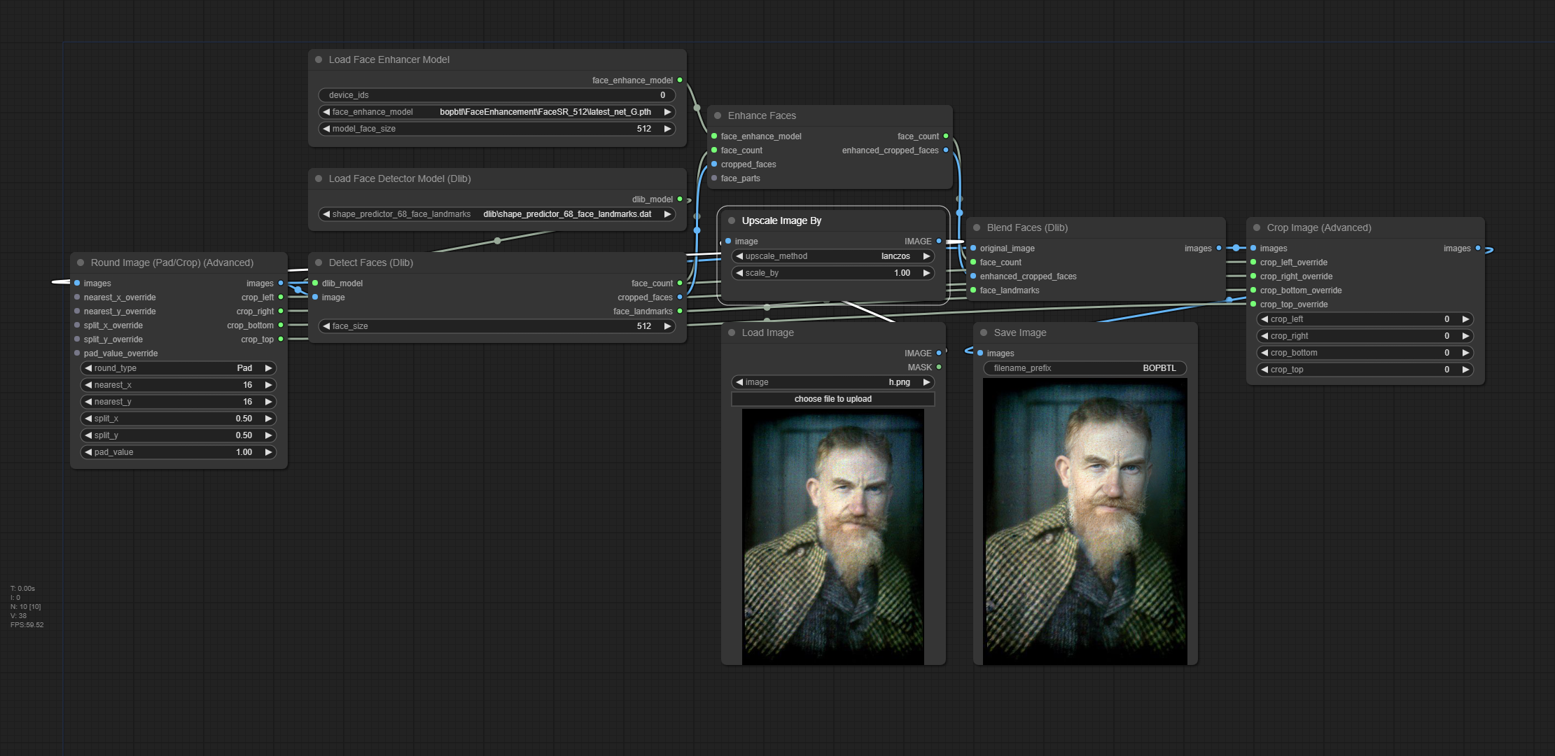 Screenshot of advanced face enhancement node workflow for Bringing Old Photos Back to Life in ComfyUI, using ComfyUI Image Round nodes.