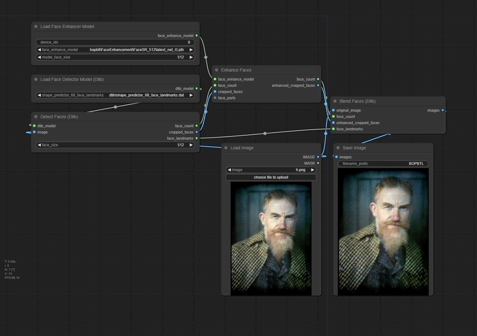 Screenshot of advanced face enhancement node workflow for Bringing Old Photos Back to Life in ComfyUI.