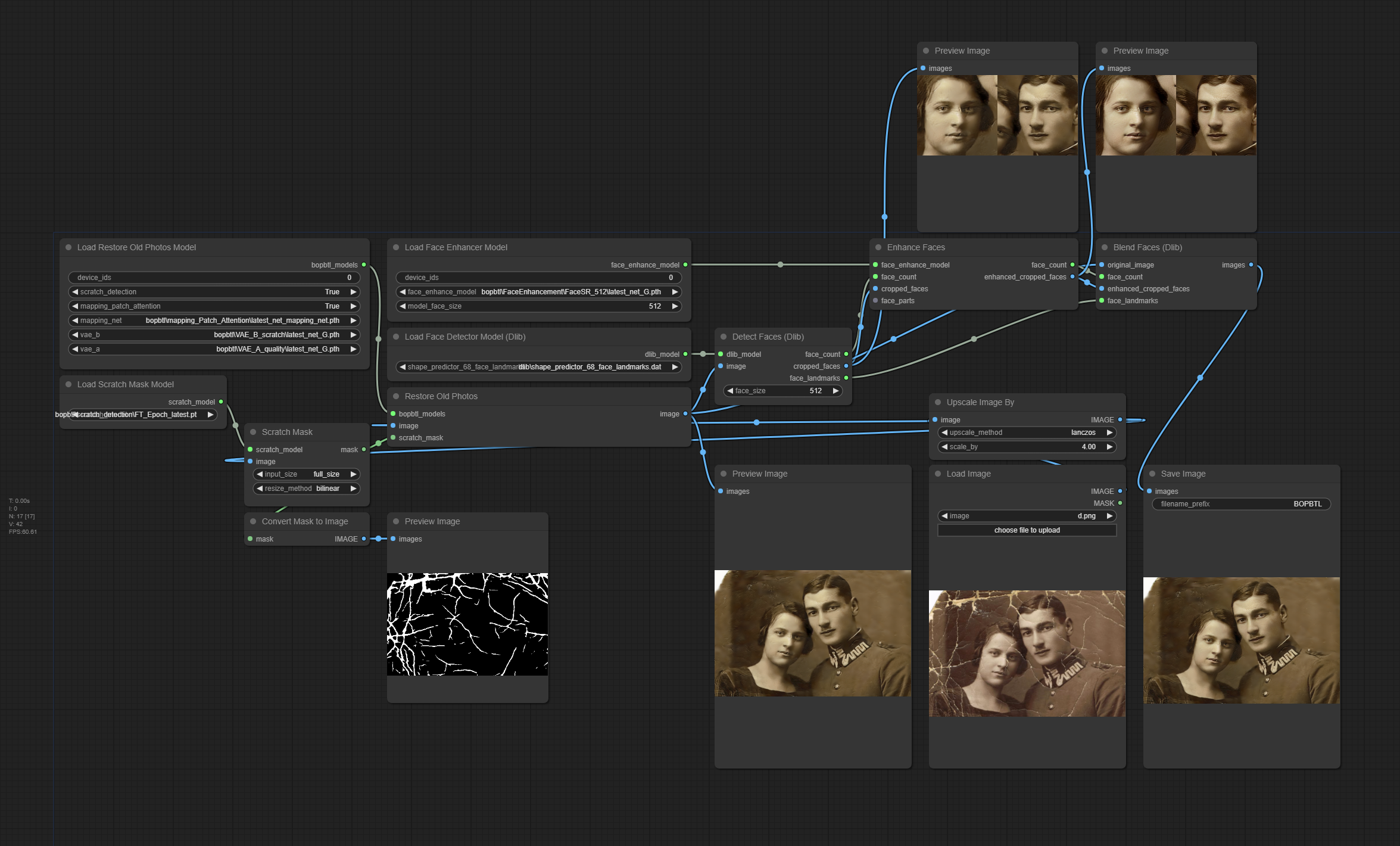 Screenshot of full node x4 workflow with advanced face enhancement for Bringing Old Photos Back to Life in ComfyUI.
