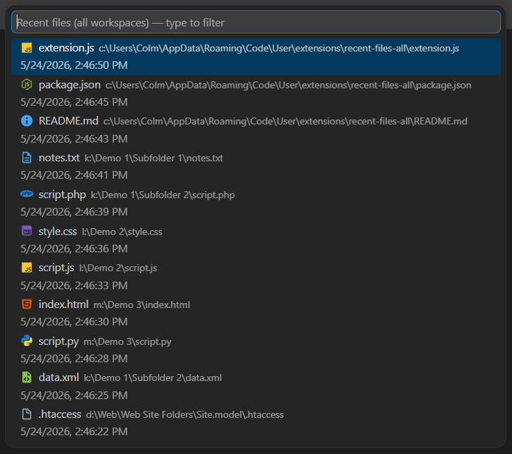 Recent Files (All) extension, showing a list of recently accessed files, complete with matching icons and last-accessed timestamps