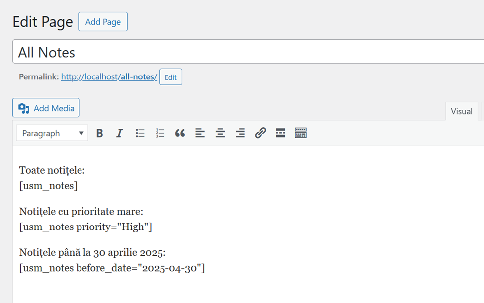 Pagina Editor Shortcode