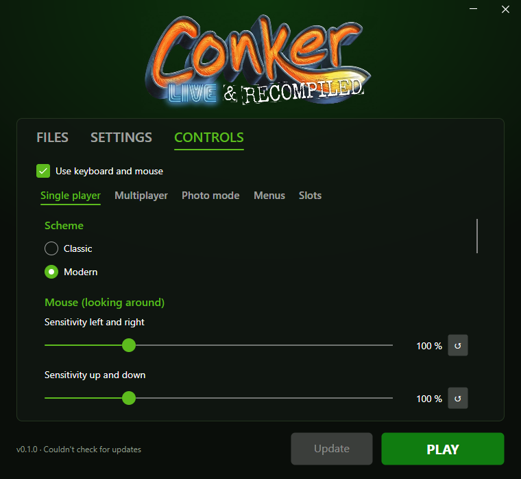 The launcher's Controls tab