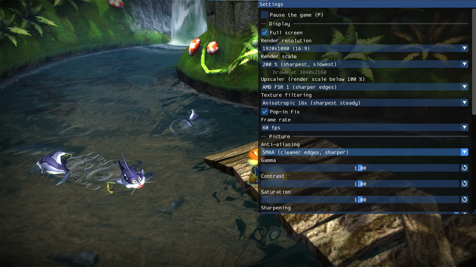 The F2 settings menu over the game