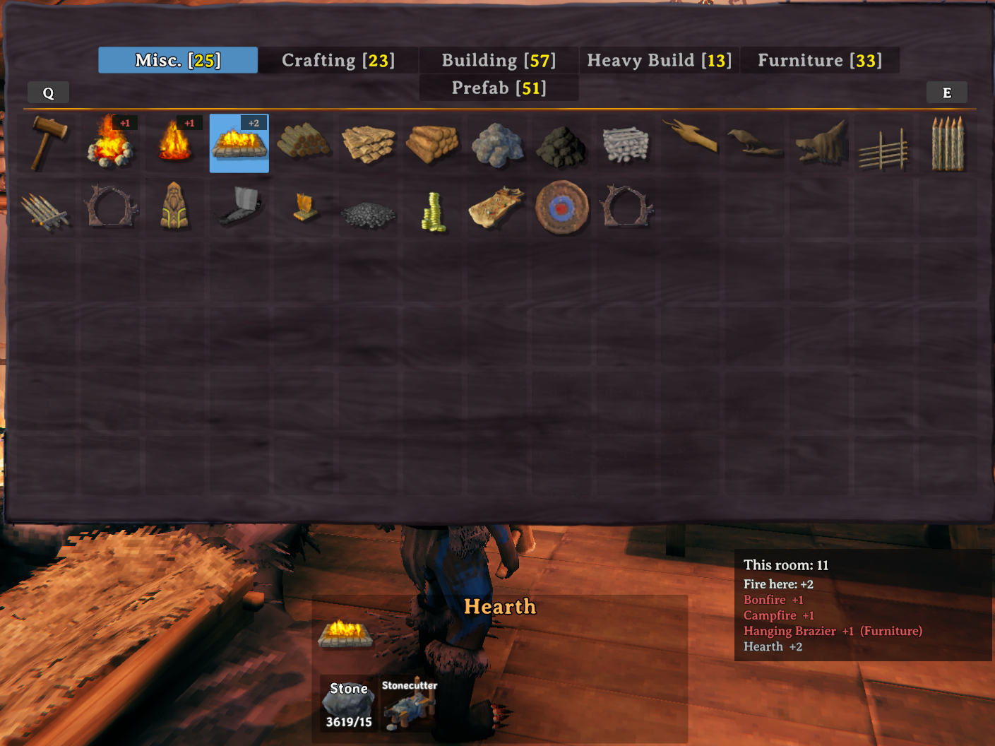 Misc tab fire pieces: red +1 campfire/bonfire, grey +2 hearth