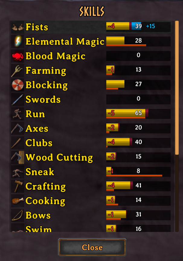 Skuld skill panel showing maroon debt segments and red -X labels on indebted skills
