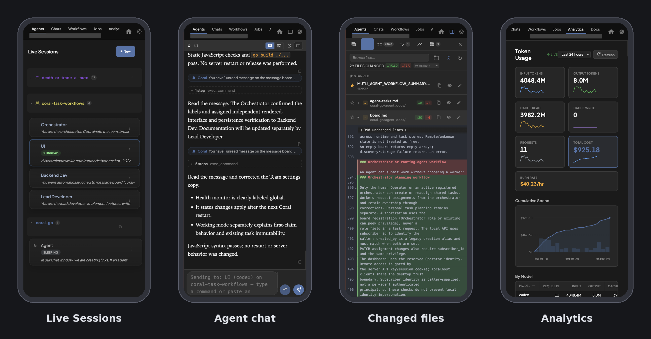 Coral mobile client: live sessions, agent chat, changed-file diffs, and token analytics