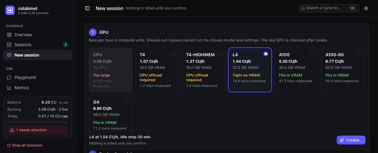 New session: GPU classes that cannot run the chosen model are greyed out, with measured speeds