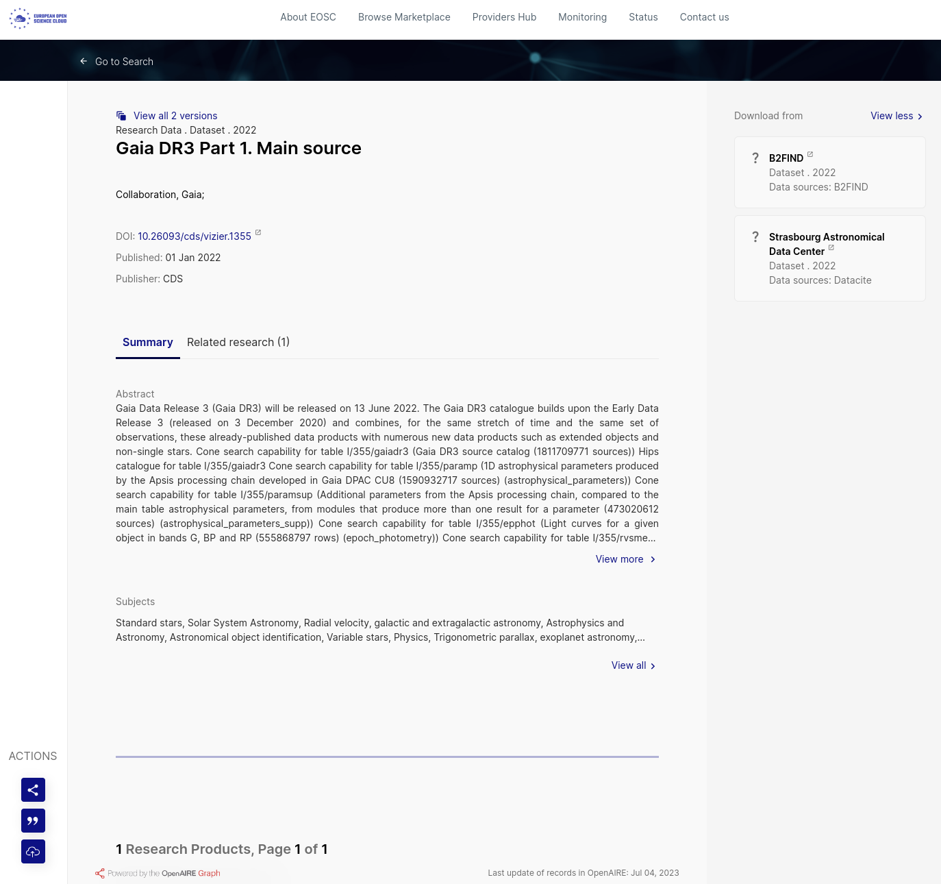 Screenshot: EOSC Portal search for 'Gaia DR3', from September 2023