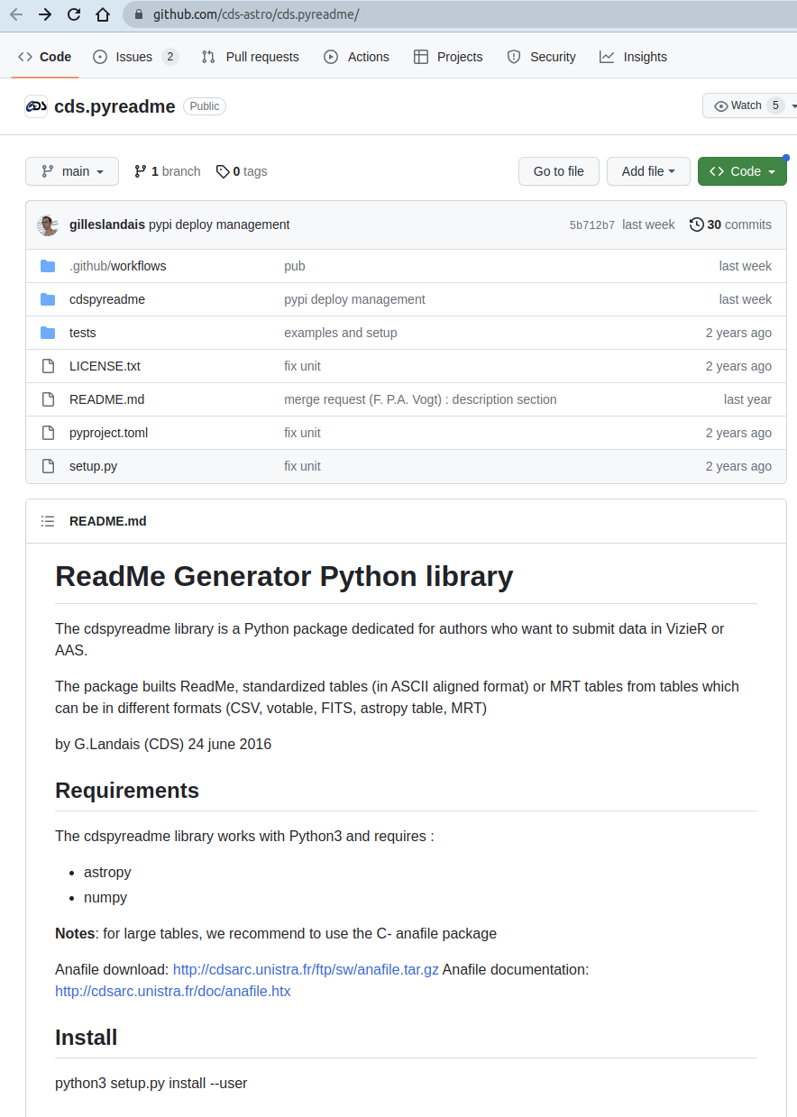 Screenshot: ReadMe Generator Python library Github page, from July 2023