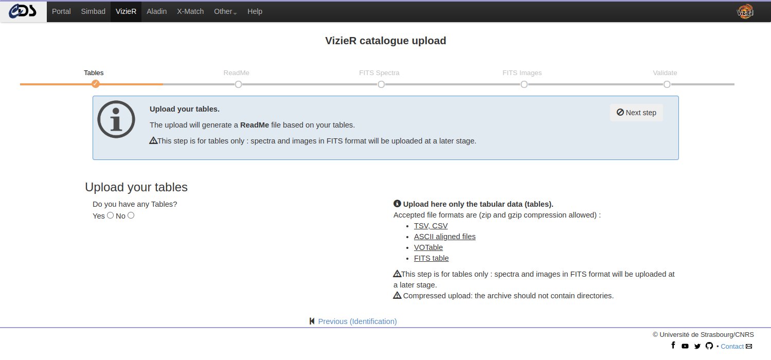 Screenshot: VizieR Catalogue upload page, start uploading Tables after initiating a session, from June 2023