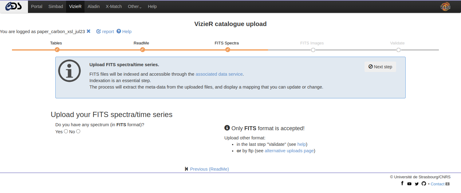 Screenshot: VizieR Catalogue upload page, upload associated data: FITS Spectra and Time Series after initiating a session, uploading your tables and filling the ReadMe file, from June 2023