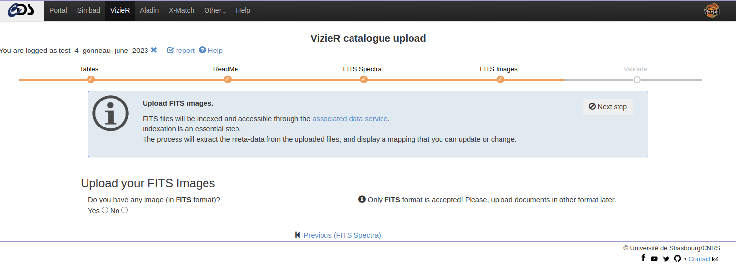 Screenshot: VizieR Catalogue upload page, upload associated data: FITS Images after initiating a session, uploading your tables, filling the ReadMe file and uploading FITS Spectra and Time Series, from June 2023
