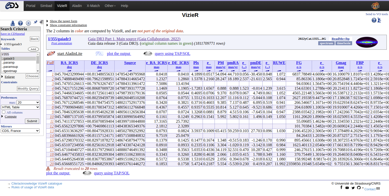 Screenshot: Example of a VizieR table ingested. The figure shows the first 20 rows for the table 'I/355/gaiadr3'.