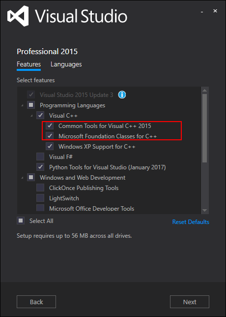 Adding Visual C++ options in VS 2015 setup