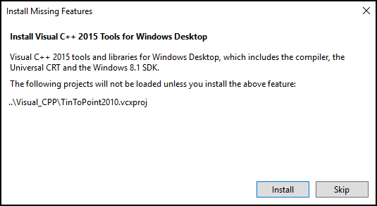 VS 2015 prompts to install missing VC++ features