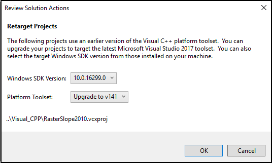 VS 2017 prompts for the retargeting of VC++ projects