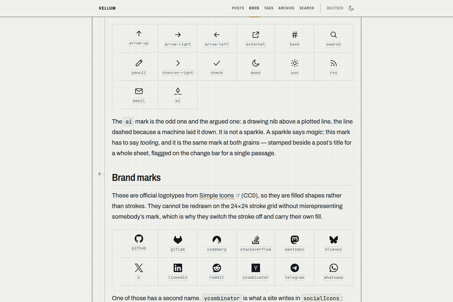 A ruled grid of the theme's icons, each drawn above its own name: arrows, external link, hash, search, pencil, chevron, check, moon, sun, RSS, mail and the AI nib, then the brand marks for GitHub, GitLab, Codeberg, Stack Overflow, Mastodon, Bluesky, X, LinkedIn, Reddit, Y Combinator, Telegram and WhatsApp