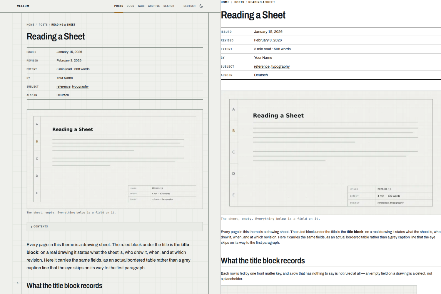 The same post side by side: on the left as rendered on screen, with header, navigation, zone rail and contents panel; on the right as printed, with all of that gone, a breadcrumb trail at the top, the title block ruled heavier, and the cover figure with its caption