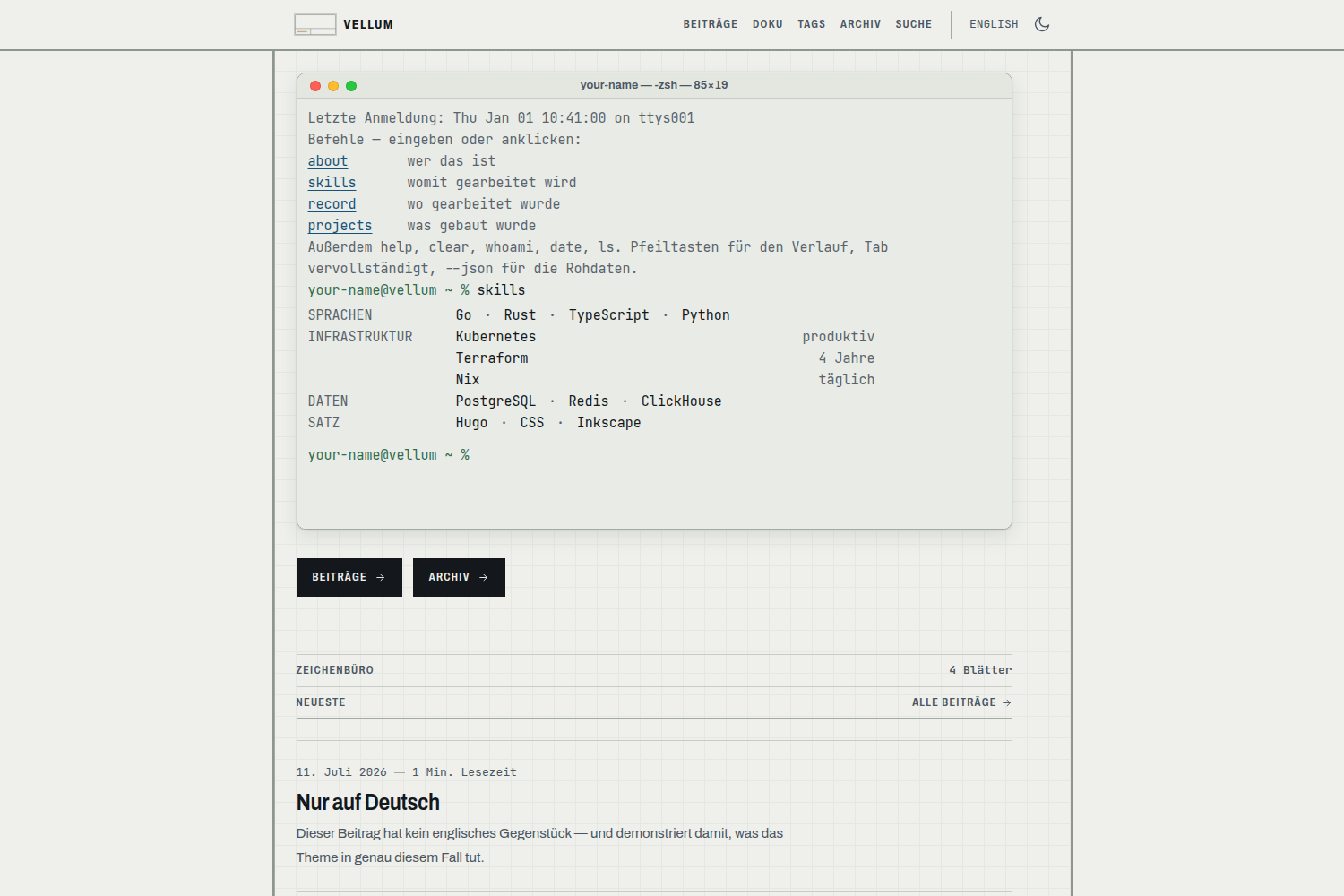 A Vellum landing page rendered as a macOS-style terminal window: window buttons, a help listing of the available commands, and the output of the skills command laid out as a ruled table