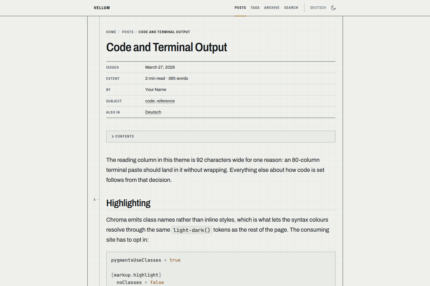 A Vellum post: a drawn frame, a lettered zone rail down its left edge, a ruled title block of metadata, and a syntax-highlighted code block