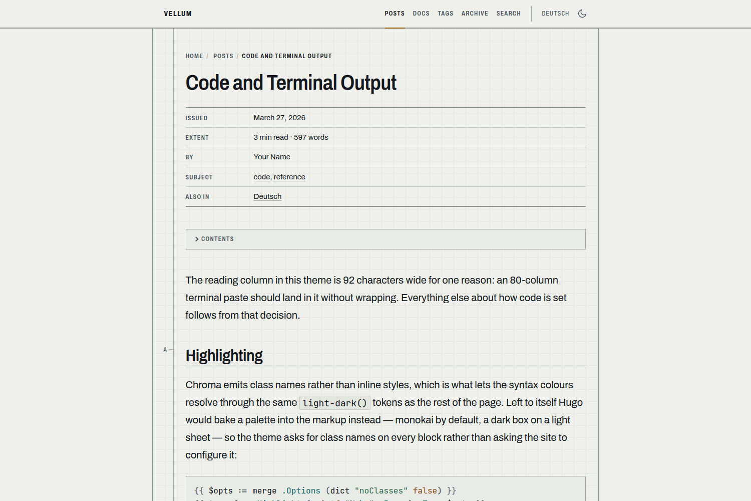 A Vellum post: a drawn frame, a lettered zone rail down its left edge, a ruled title block of metadata, and a syntax-highlighted code block