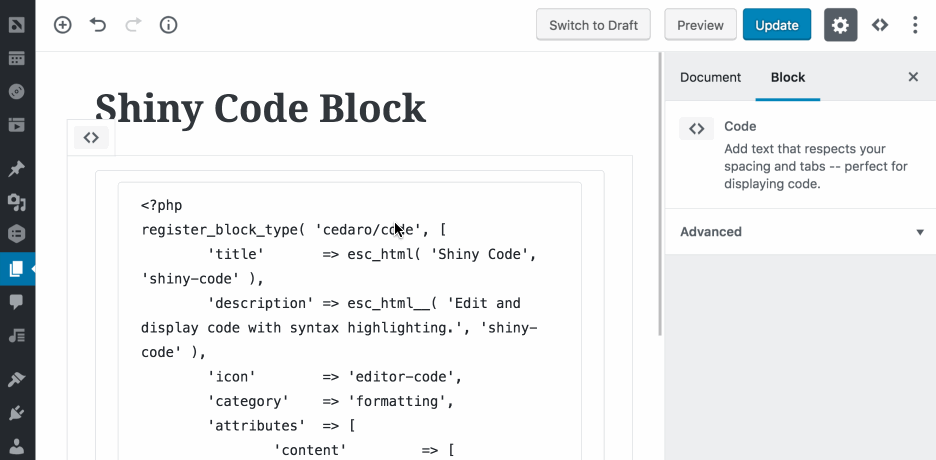 Animation showing how to convert a code block, set the code language, and change the syntax highlight theme.