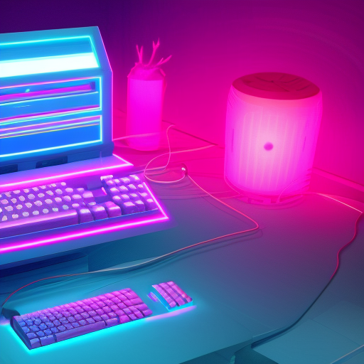 Image generated by Stable Diffusion v2.0 — stylish computer from 1980s Miami, pink and blue neon color scheme, cyberpunk