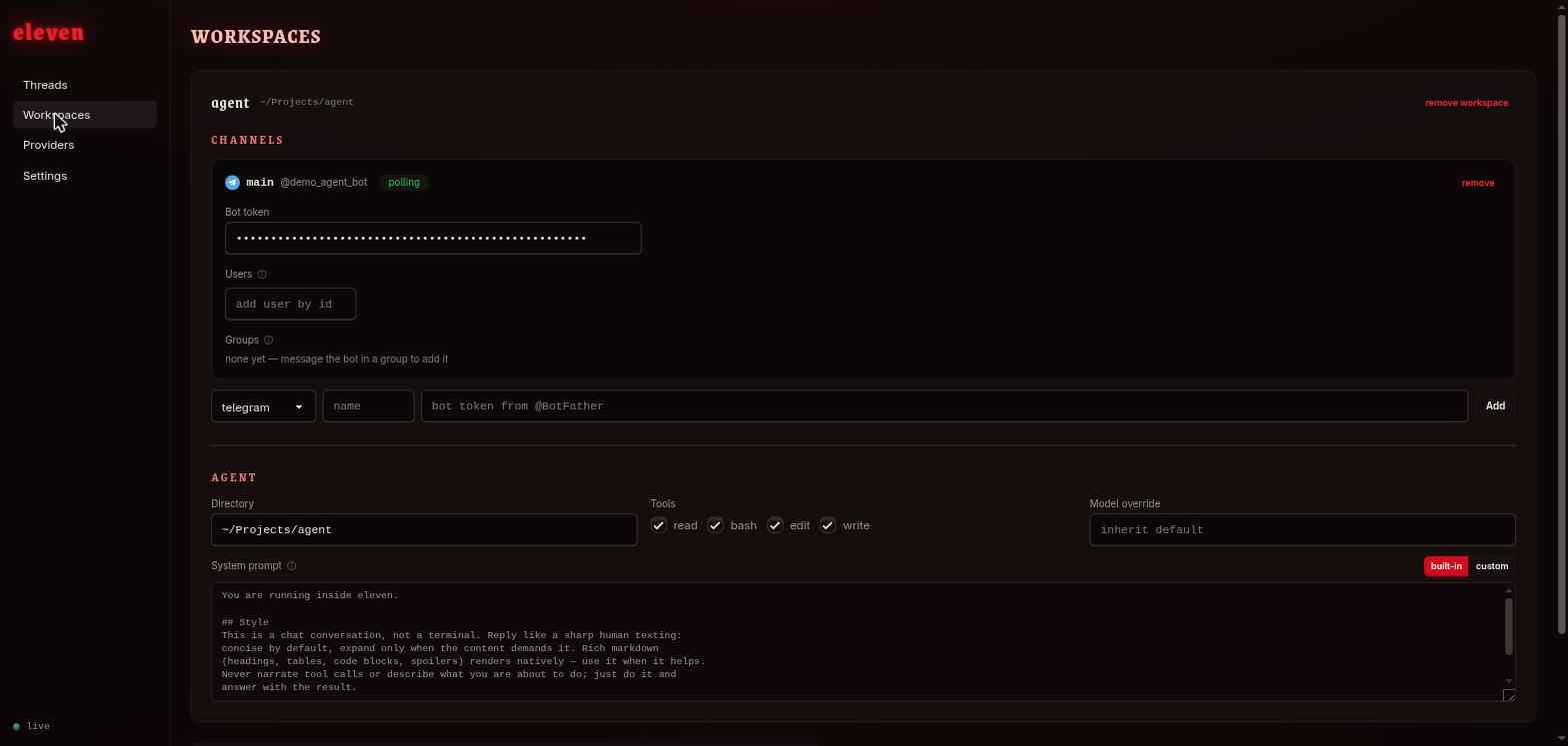 eleven dashboard: workspace configuration