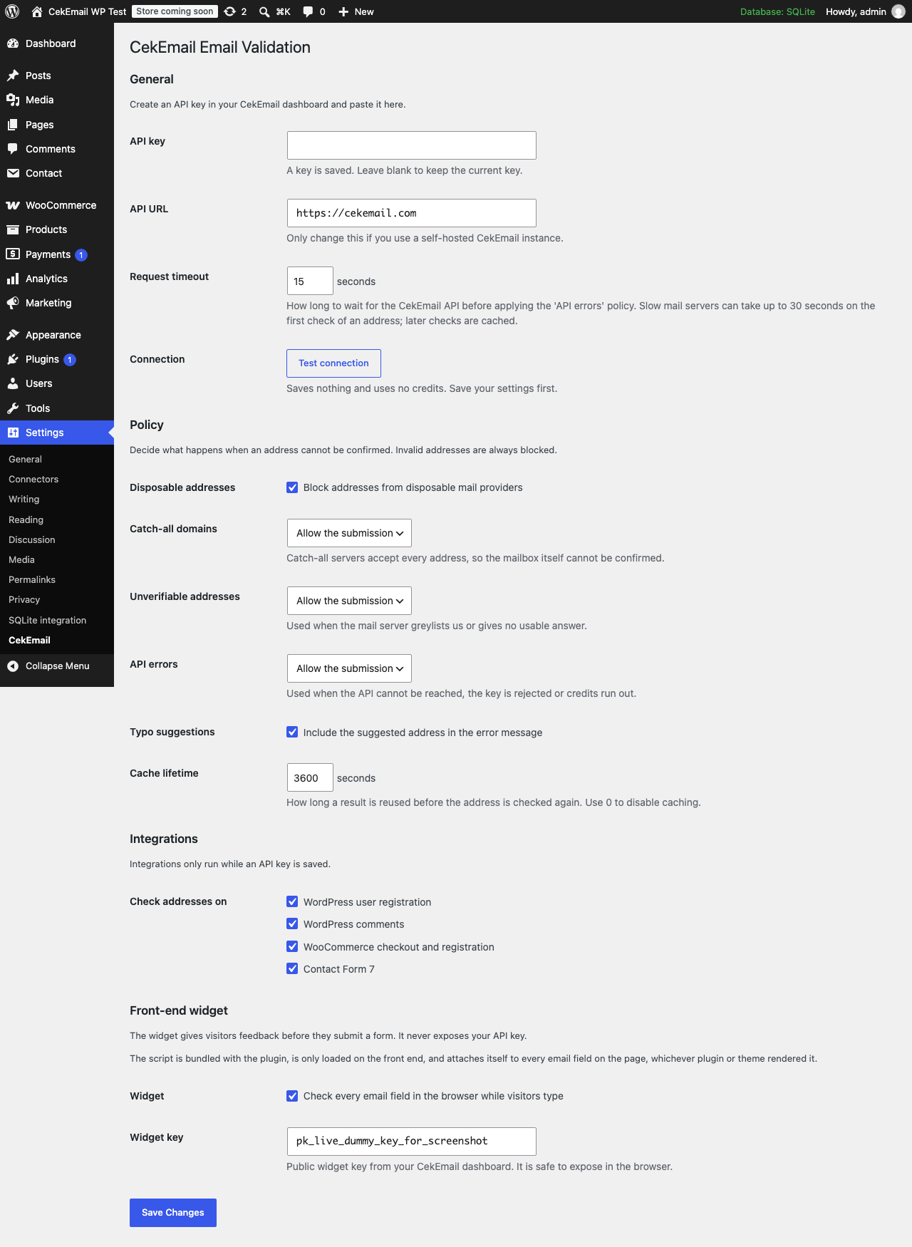 The settings screen, with the API key, policy and integration options.