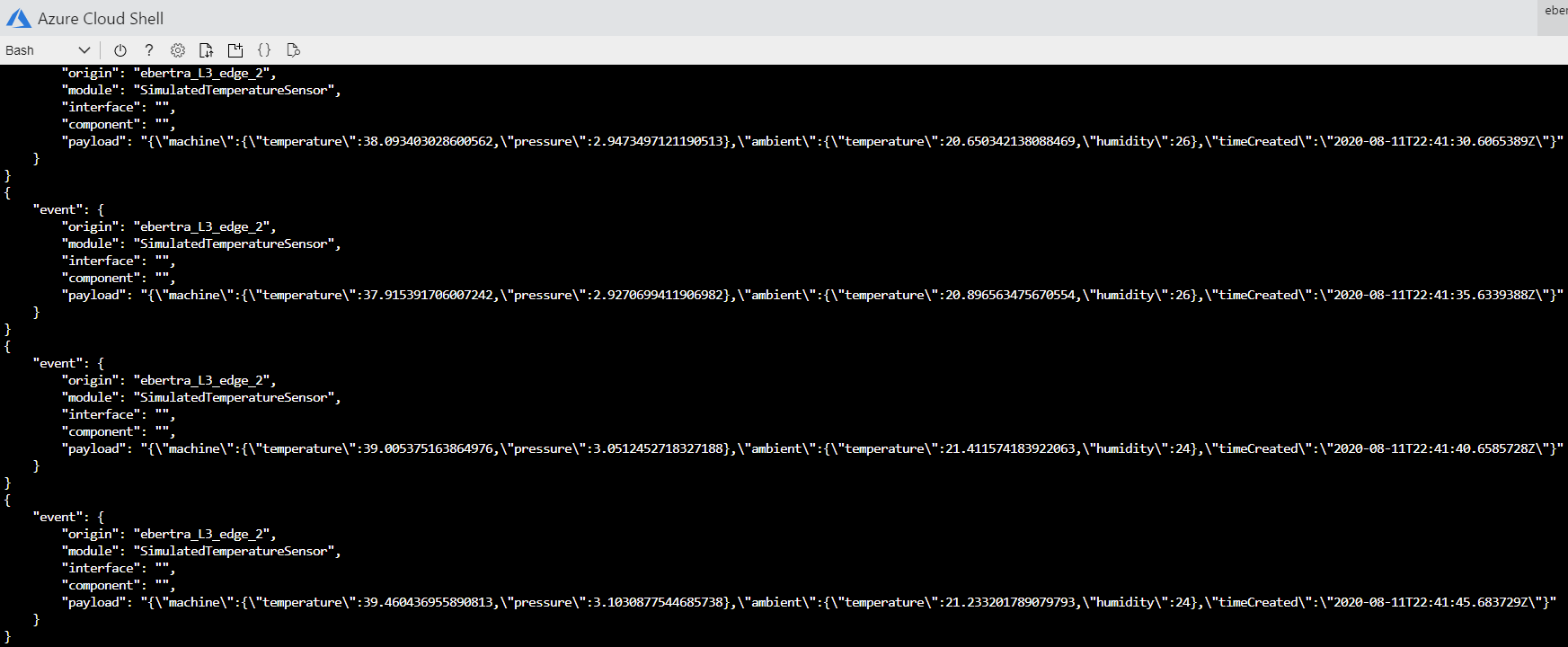 View output of simulated temperature sensor in IoT Hub