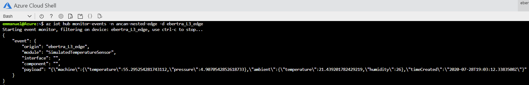 View output of simulated temperature sensor in IoT Hub